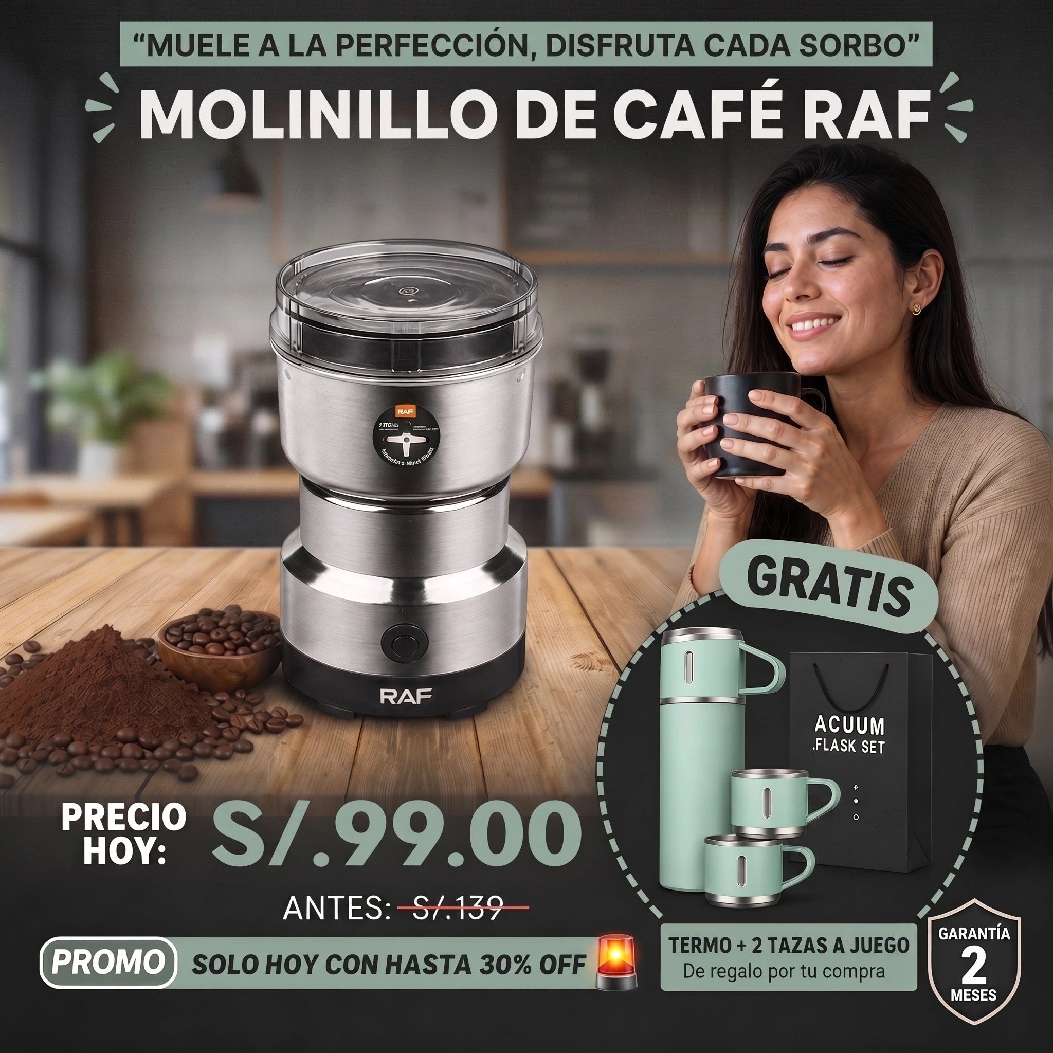 MOLINILLO DE CAFE + TERMO CON 3 TAZAS DE REGALO