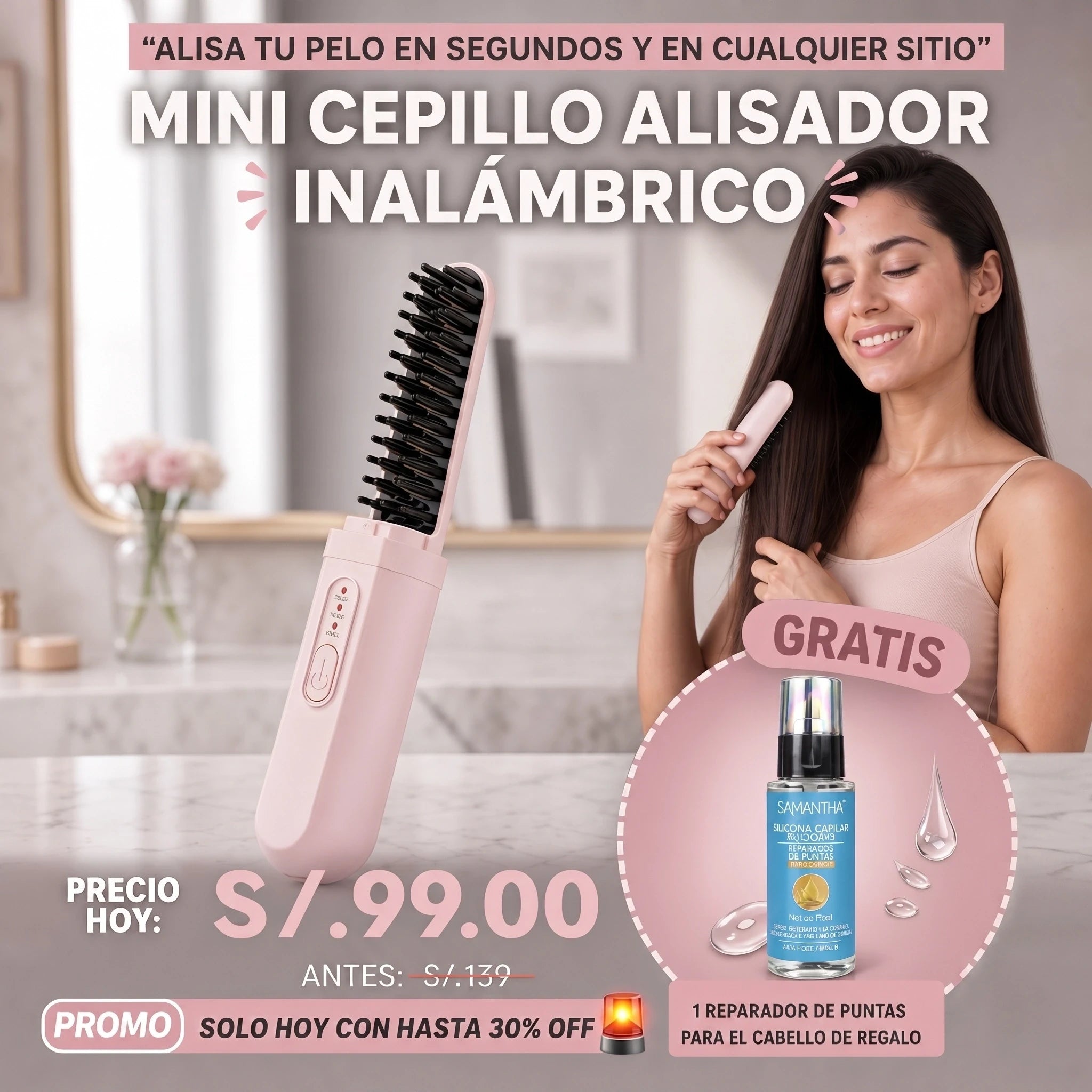 MINI CEPILLO ALISADOR DE PELO INALAMBRICO + REPARADOR DE PUNTAS DE REGALO