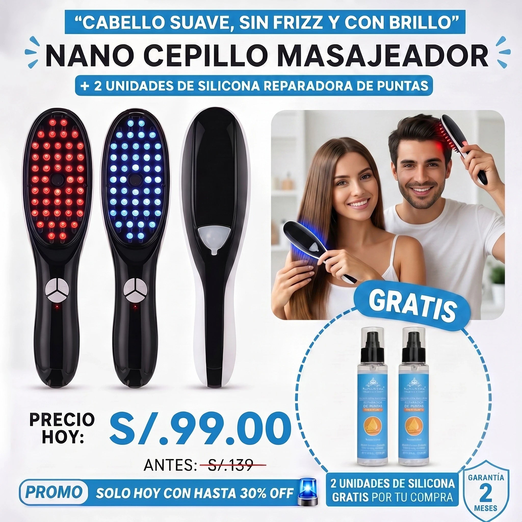Nano Cepillo Masajeador + 2 unidades de silicona reparadora de puntas para el cabello de regalo